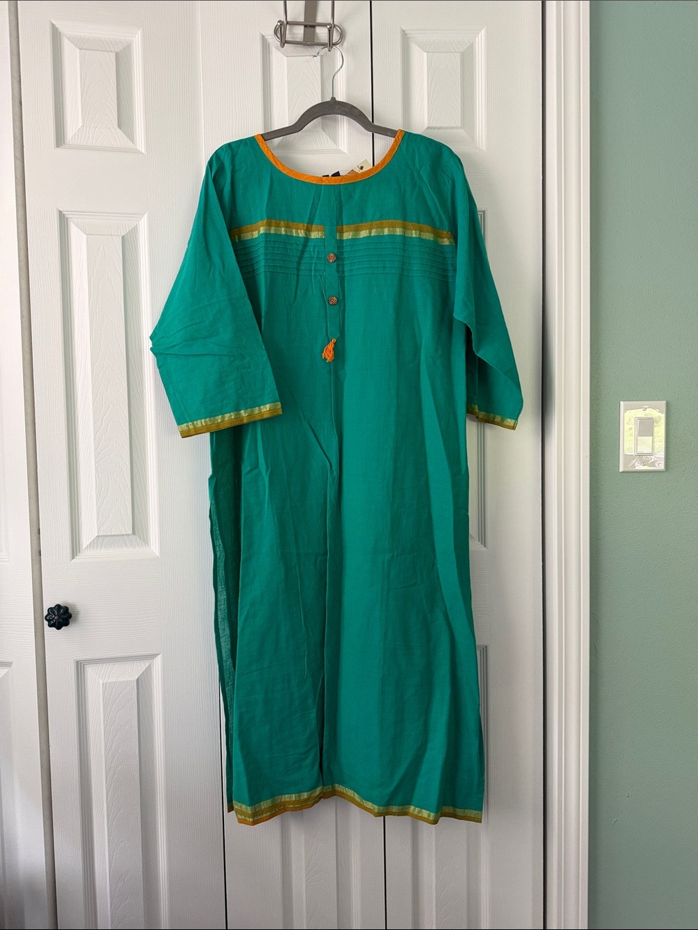 Women’s Kurta - teal Green Tunic Dress with Gold Trim